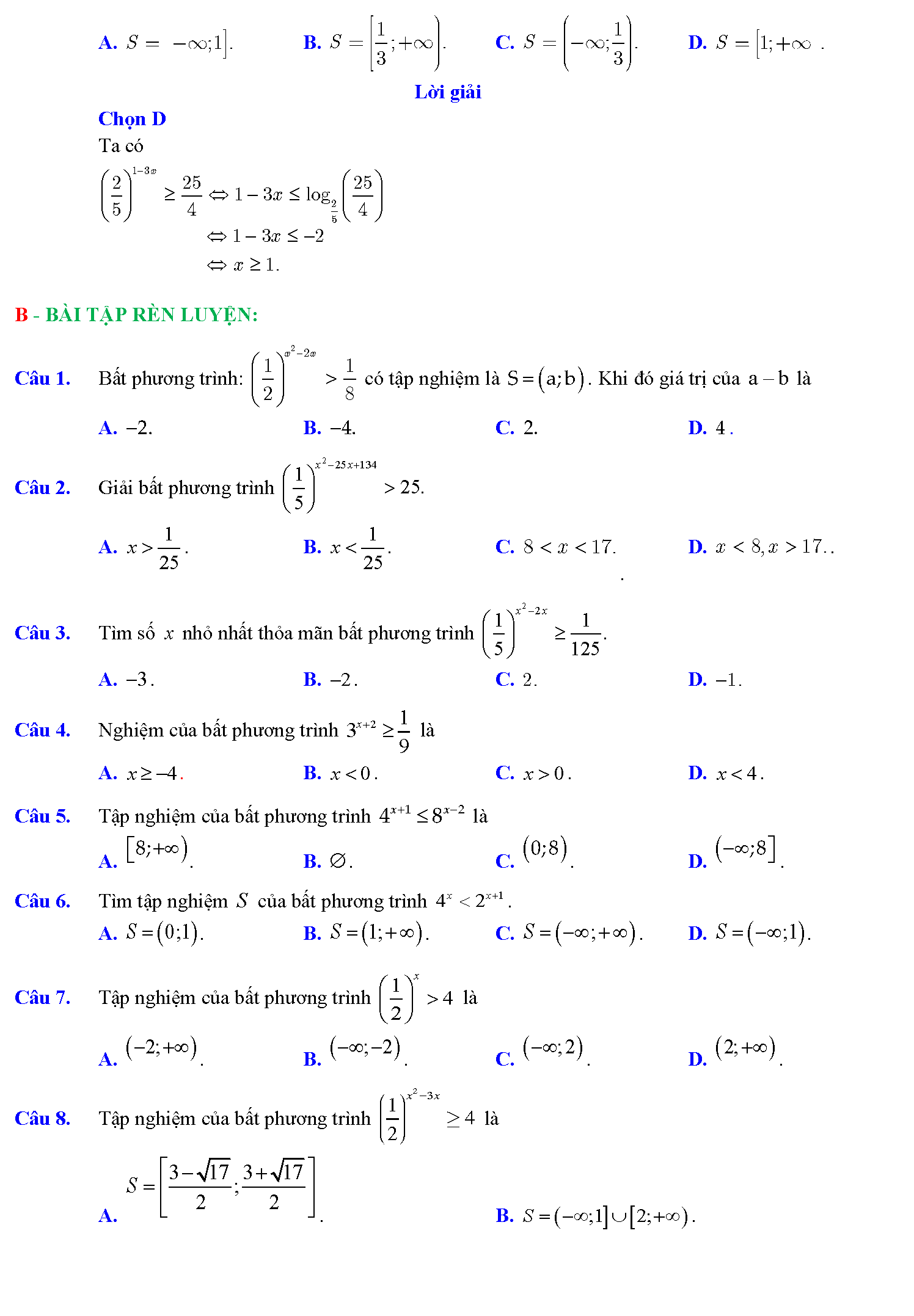 Tài liệu về bất phương trình mũ, logarit 2