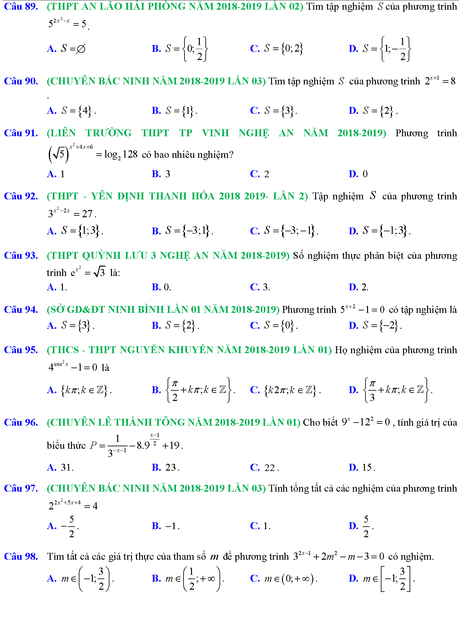 Phương trình mũ, phương trình logarit trong kỳ thi THPTQG 12