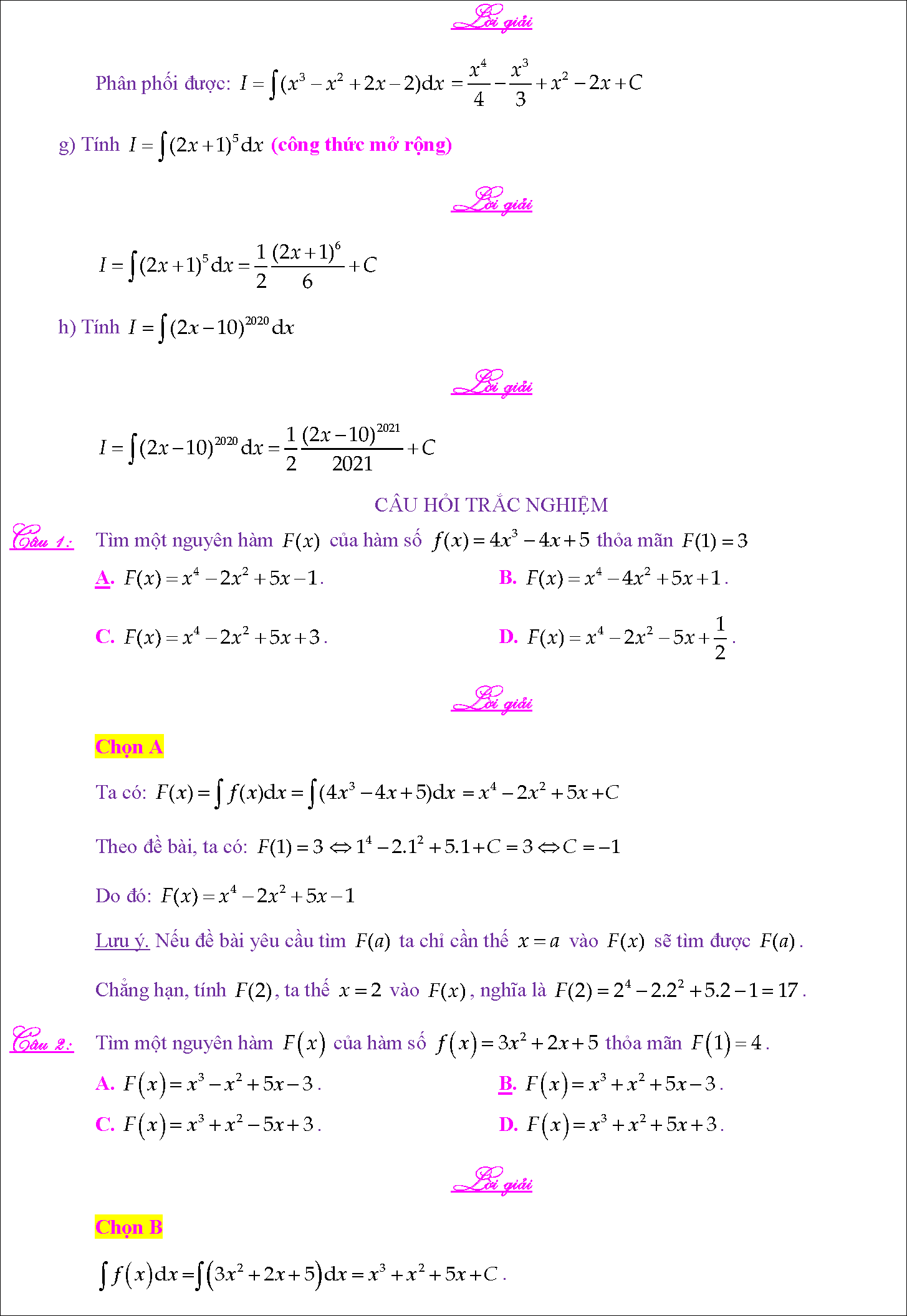 Tài liệu nguyên hàm và các phương pháp tính nguyên hàm 2